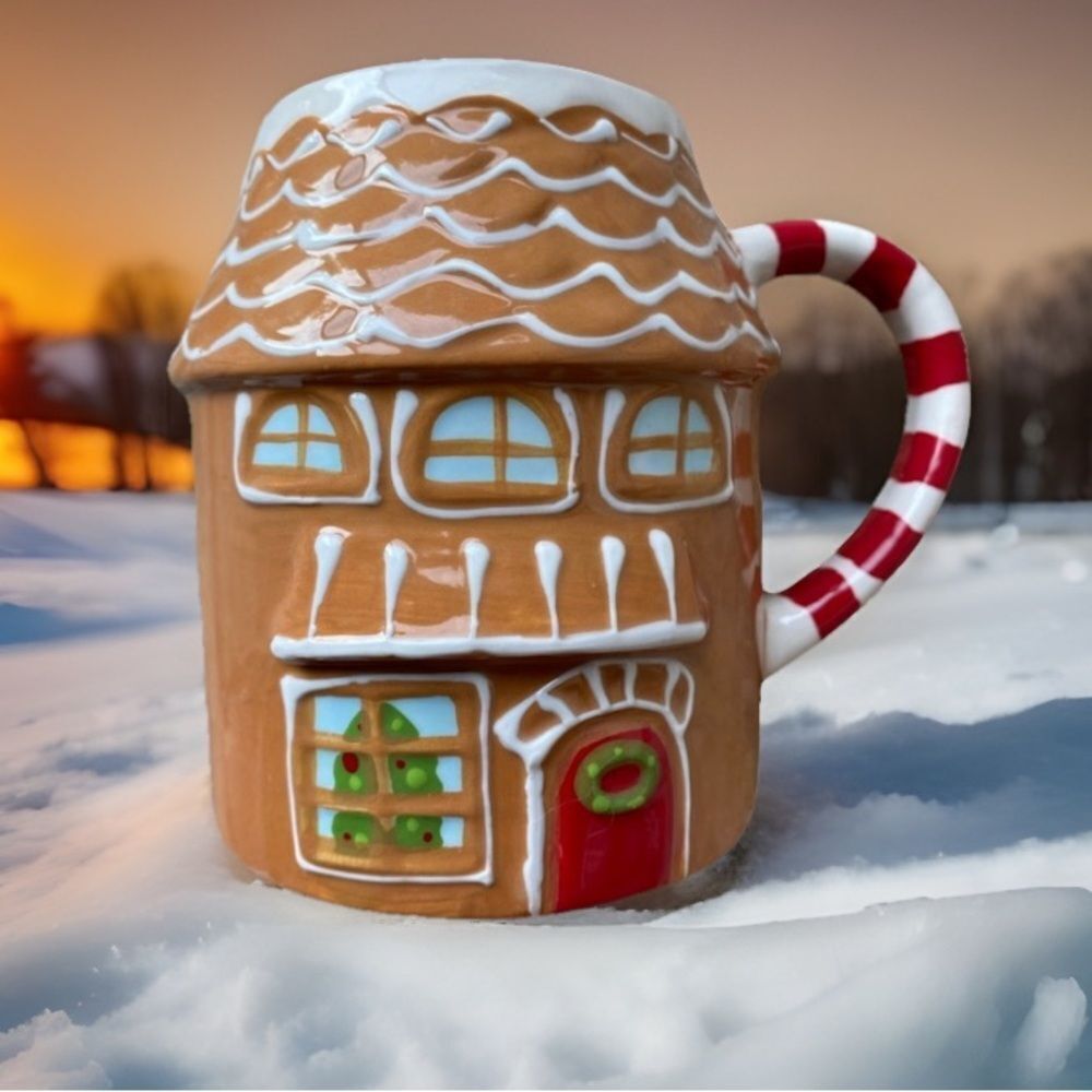 Wondershop Ceramic Gingerbread house Tan and Red Holiday Coffee Mug